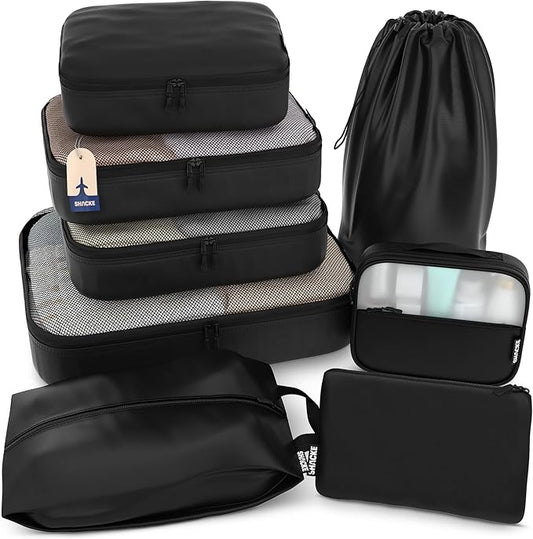 Shacke 8 Set Packing Cubes for Travel – Complete Luggage Organizer Set with Laundry, Shoe, Toiletry & Accessories Bag, Suitcase Travel Organizer (Air Black)