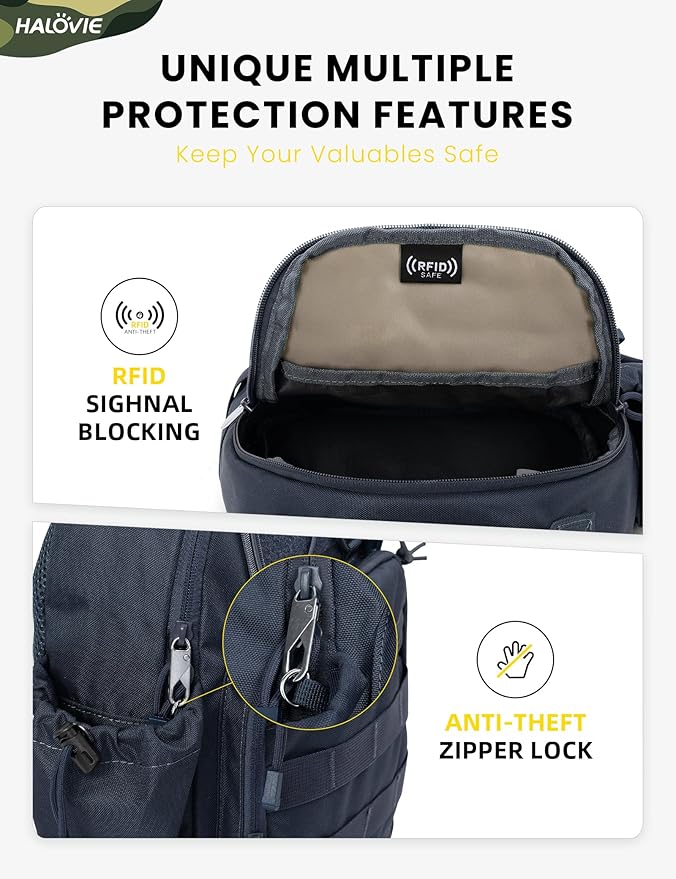 HALOVIE Anti-theft Tactical Sling Bag RFID Navyblue Military Shoulder Bag with Phone Pack EDC Molle Crossbody Bag for men