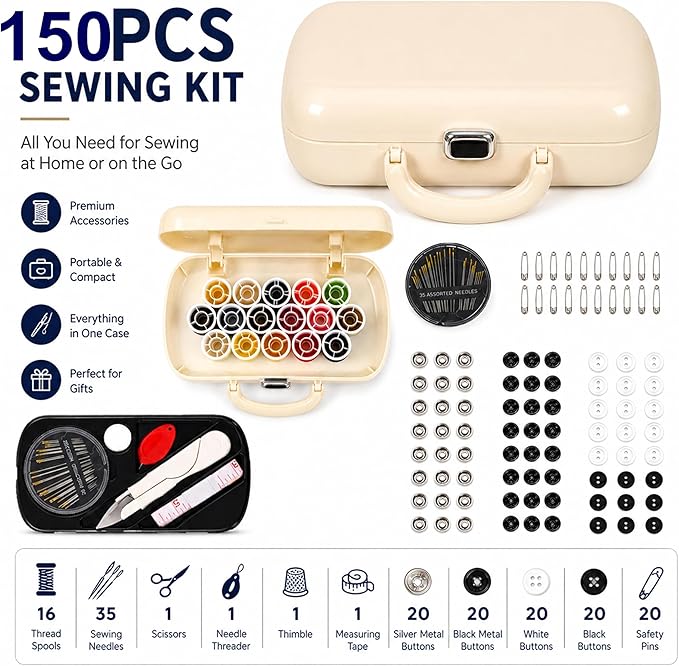 WANSHUNLMI 150 Pcs Creamy White Sewing Project Kit, Travel Family Sewing Supplies Repair Kit Portable Small Traveler Sewing Kit Sewing Thread Accessories DIY Sewing Supplies Organizer (White)