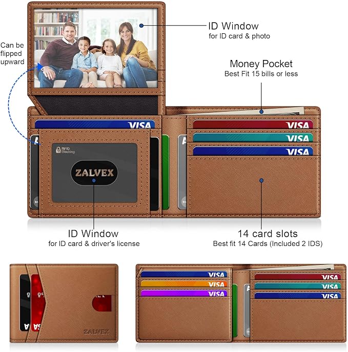 Wallet for Men Slim RFID Blocking Leather Credit Card Holder Wallet for 14 Cards, Bifold Minimalist Thin Wallet with 2 ID Windows & Cash Slot, Front Pockt Carteras Para Hombres, Birthday Gifts for Men
