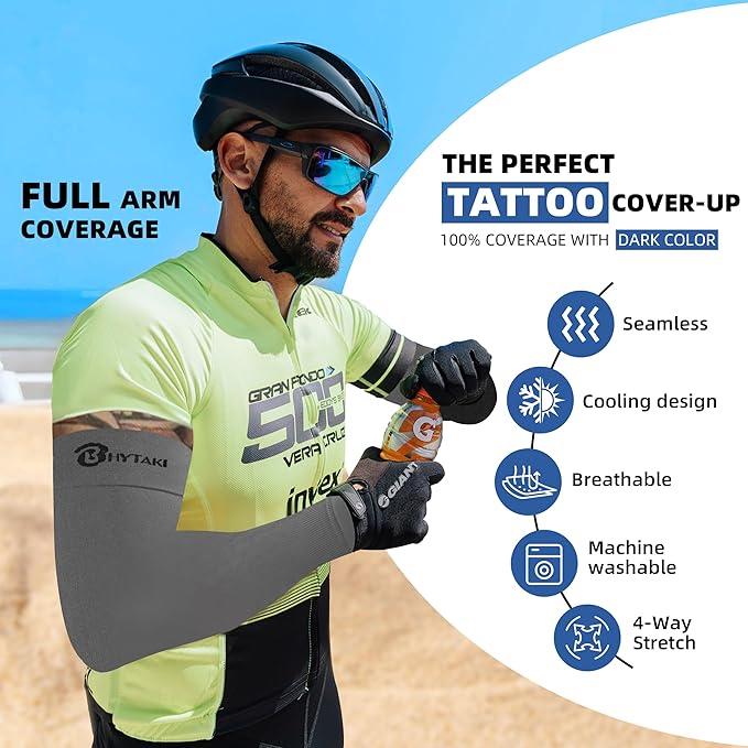 BHYTAKI Cooling Compression Arm Sleeves for Men Women,UPF50 UV Sun Protection Sleeves for Work Sport Tattoo Cover Up