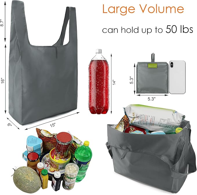 BeeGreen Grey Reusable Grocery Bags with Zipper Storage Pouch 10 Packs Gray Reusable Shopping Bags Bulk Foldable-Machine Washable