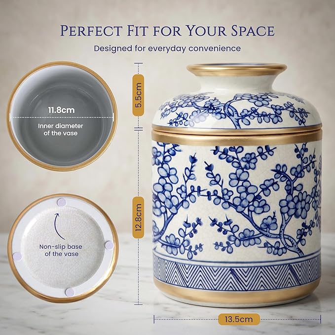 Tissue Vessel Round Ceramic with Lid - Handmade Blue and White Chinoiserie Ceramic Tissue Holder for Bathroom – Chinoiserie Decor Accent for Living Room, Bedroom, Office - Blue and White Porcelain