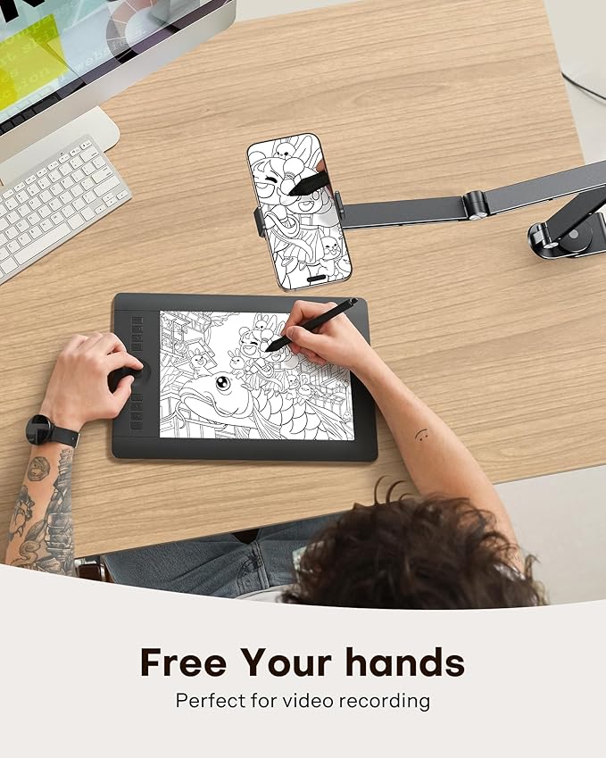 OMOTON Tablet Stand for iPad with 360° Rotation, GH03 Aluminum Alloy Long Arm Phone Mount with 2 Plastic Clamps (Phone & Tablet), Adjustable Holder for 4-13" iPad Pro/iPhone, Black