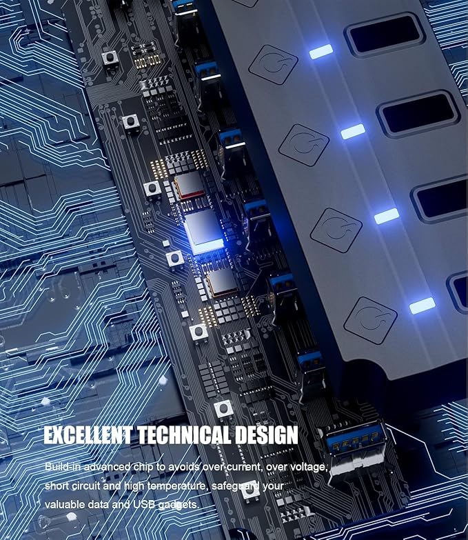Eanetf USB 3.0 Hub, 7-Port with Individual On/Off Switches & LED Indicators, 5Gbps High-Speed Data Hub for Laptop, PC, MacBook, Surface Pro, PS5, HDD, Flash Drive (4ft Cable)