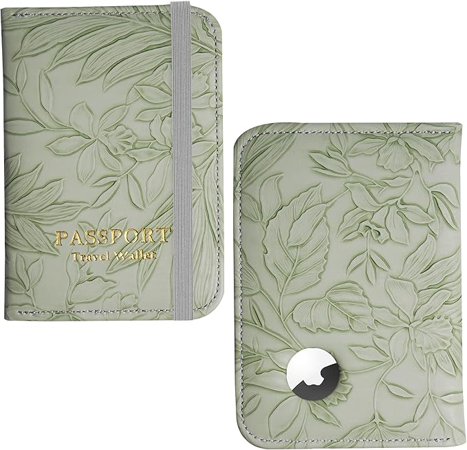 lizimandu Passport Holder with Airtag Slot, Airtag Passport Wallet for Men Women, Slim Leather Passport Holder Case Family for Travel Anti-Lost(1-Carved Green)