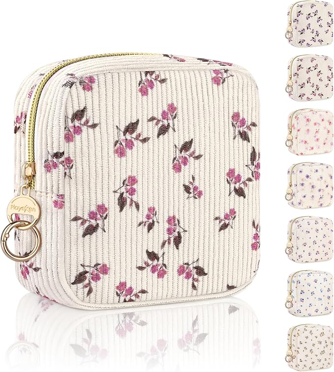 Floral Period Bag, Small Period Pouches for Teen Girls, Corduroy Sanitary Napkin Storage Bag, Compact Discreet Pad and Tampon Holder for Purse (Big Floral-Pink)