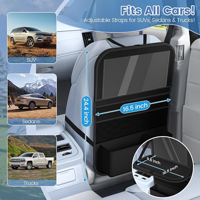 Car Backseat Organizer with table Tray(1Pack) 9 Storage Pockets Backseat Car Organizer with Tablet Holder, Back seat Organizer for Kids Road Trip Essentials Travel