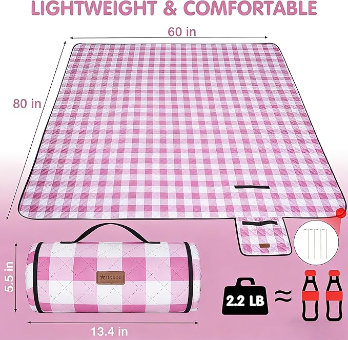 HX&OD Outdoor Picnic Blanket, Extra Large, 80''x60'' Waterproof Foldable Blankets Gingham Picnic Mat for Beach, Camping Grass Lawn Park Accessories Cute Couple Ideas Wedding (Pink, 80”x60”)