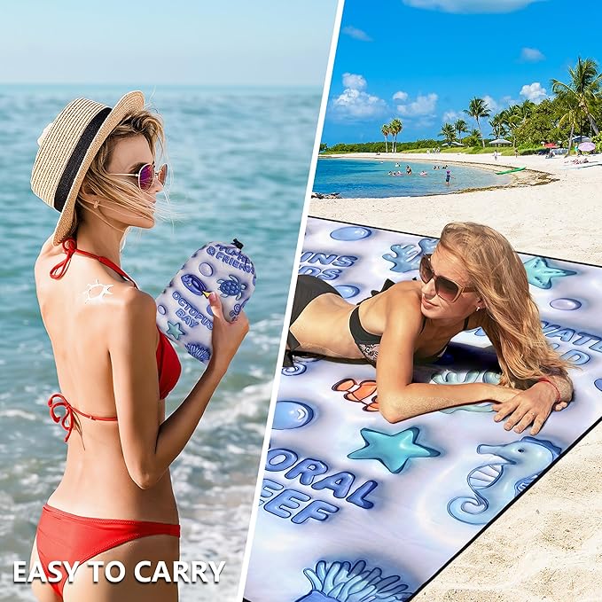 HIHOHO Beach Blanket Waterproof Sandproof Beach Mat 79”x 83” for 1-8 Adults Quick Drying Durable Outdoor Picnic Mat for Beach Festival Travel Camping Hiking (3D Ocean-BL, 79"×83"(4 Person))
