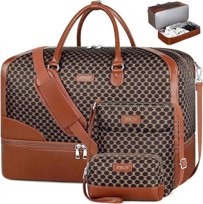 ITIEZY Weekender Overnight Bag for Women - Large Travel Duffel Bag with Shoe Compartment, Gym Duffel Bag Hospital Bag Carry On Tote Bags for Airplanes with Crossbody Bag Toiletry Bag 3Pcs Set