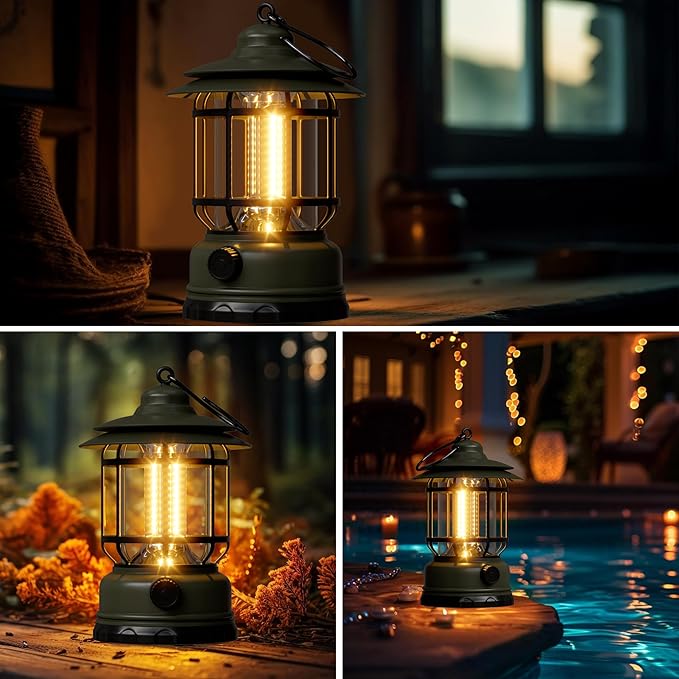Camping Lanterns Battery Powered, 3 Pack Green LED Rechargeable Lantern with Stepless Dimming, Vintage Portable Camping Lights for Emergency, Fishing, Camping, Hiking, Outage, IPX4 Waterproof