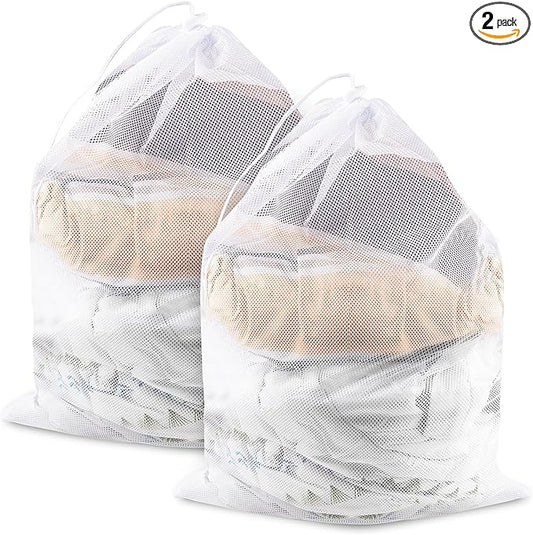 2 Pack Large Mesh Laundry Bags, 24" x 36" Heavy Duty Strong Drawstring Dirty Clothes Bags with Soft Breathable Net, Machine Washable Laundry Bag for College, Dorm, Camp, Travel and Family Use(White)