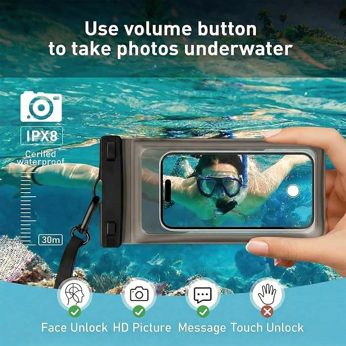 Waterproof Phone Pouch, with Interior Card Pocket, Large Waterproof Phone Case for iPhone 17 16 Pro Max, IPX8 Cellphone Dry Bag, Beach Cruise Ship Essential,1 Pack Translucent Black-8.3″