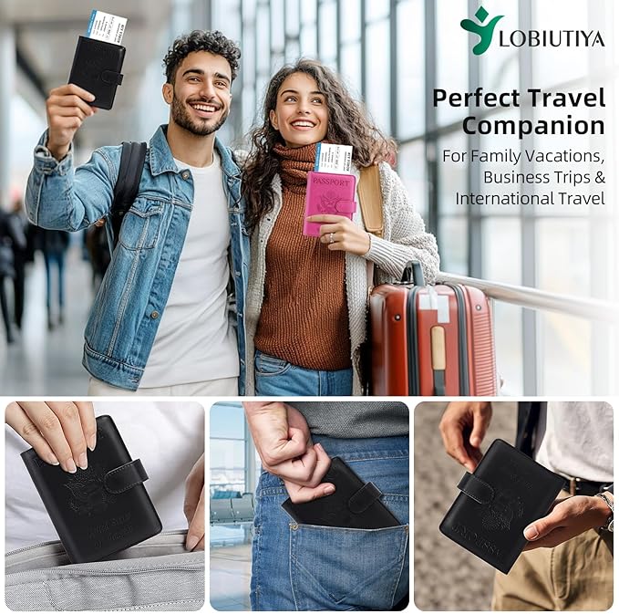 Passport Holder For Travel with Luggage Tag Cover – RFID Blocking Travel Passport Wallet Holder for Men/Family| PU Leather Passport Case with Extra Money Pocket/Magnetic Clasp, Black