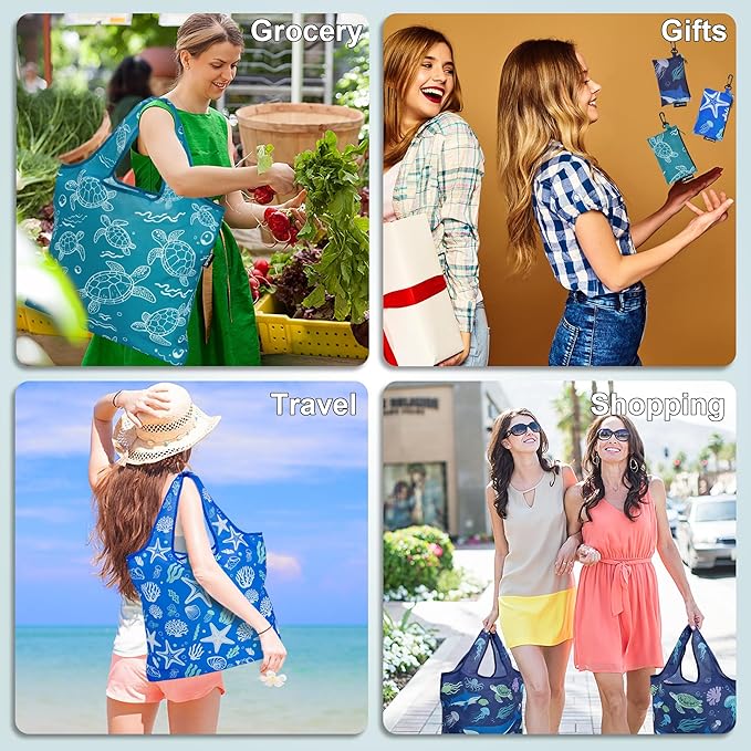 HOLYLUCK Reusable Grocery Bags,Heavy Duty Foldable Shopping Tote Bag (Standard, 3 Ocean Life)