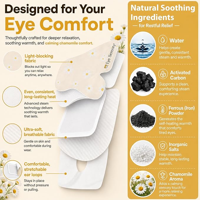 Lure Essentials Steam Eye Mask, Heated Eye Mask, Self Heating Warm Compress for Dry Eyes, Fast Relief for Stye, Puffy Sensitive Eyes, Moist Heat, Relaxation Gifts for Women and Men - Chamomile