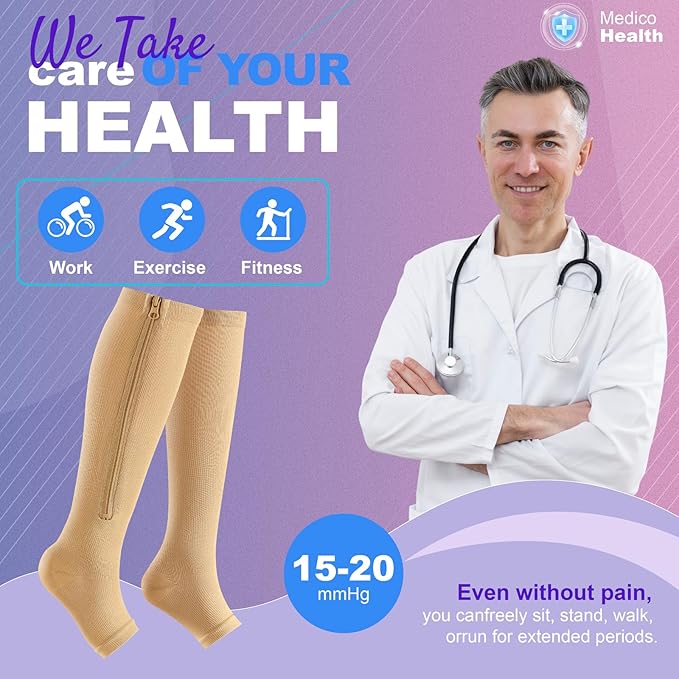Zipper Compression Socks for Women & Men 2 Pairs，15-20mmhg Open Toe Compression Stockings for Nurse and Long Standing Crowd