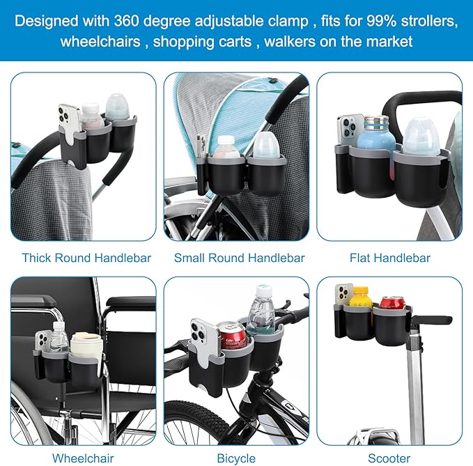 Accmor Stroller Cup Holder with Phone Holder, Bike Cup Holder, Universal Cup Holder for Uppababy Nuna Doona Strollers, 2-in-1 Cup Holder for Walker, Wheelchair, Scooter