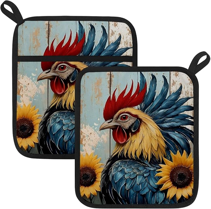 Rural Farmhouse Rooster Pot Holders with Pockets 2 PCS, Heat Resistant Oven Mitts Hot Pads for Kitchen Baking Cooking, Square Thick Pot Holders Kitchen Hot Potholders, 8.5x10 Inches