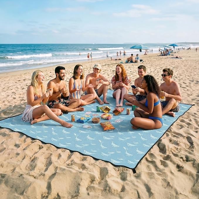 OIGAE Oversized Beach Blanket, 9×10 ft Sand-Free Outdoor Mat for Groups, Quick-Dry Picnic Blanket with Stakes & Corner Pockets, Whale, Light Blue