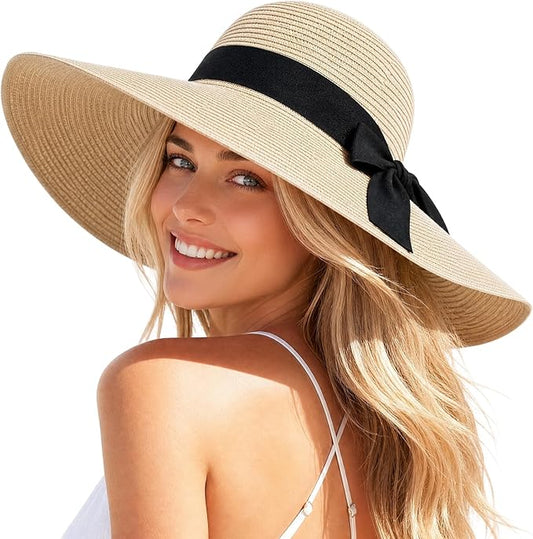 Beach Hat for Women, Wide Brim Sun Straw Hats for Women, Sun Hat Womens UPF 50+ UV Protection, Floppy Foldable Summer Hats