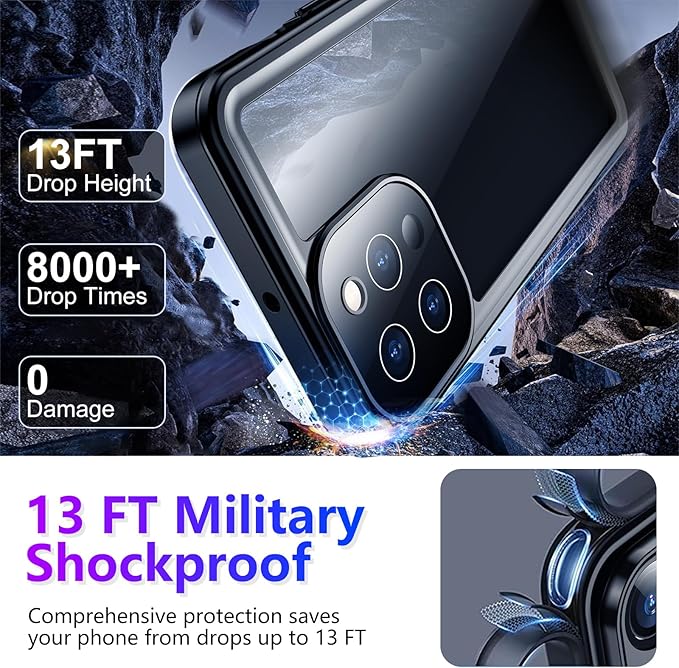 Compatible with iPhone 13 Pro Max Case Waterproof, Built-in Screen & Camera Protector IP68 Underwater Full Body 13FT Military Dropproof Shockproof Phone Case 6.7"-Blue/Clear