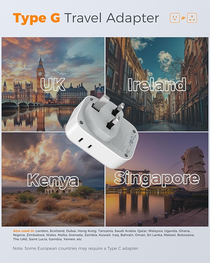 Type G Adapter for Travel 3 Pack, TESSAN US to UK Plug Adapter with 4 Outlets 3 USB Ports (1 USB C 20W), Ireland Power Adaptor for USA to England London Scotland Dubai Singapore Hong Kong British UAE