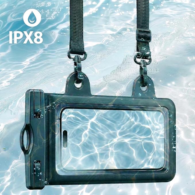 Waterproof Phone Pouch, Large Waterproof Phone Case for iPhone 17 16 15 Pro Max, IPX8 Lightweight Cellphone Dry Bag, Beach Cruise Ship Essentials,1 Pack-Black-Dual-Hook-8.3″