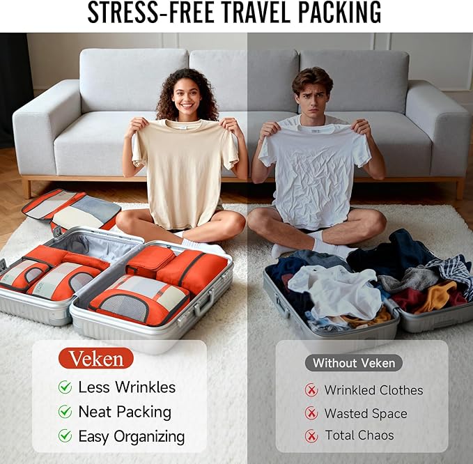 Veken 10 Set Packing Cubes for Travel Essentials,Anti-Wrinkle Buckled Suitcase Organizer for Shoe & Toiletry Bag,Carry On Luggage Bag for Airplane & College Dorm Room Accessories,Women Men Gifts