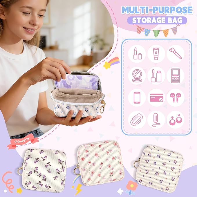 Floral Period Bag, Small Period Pouches for Teen Girls, Corduroy Sanitary Napkin Storage Bag, Compact Discreet Pad and Tampon Holder for Purse (Floral-MIni Yellow)