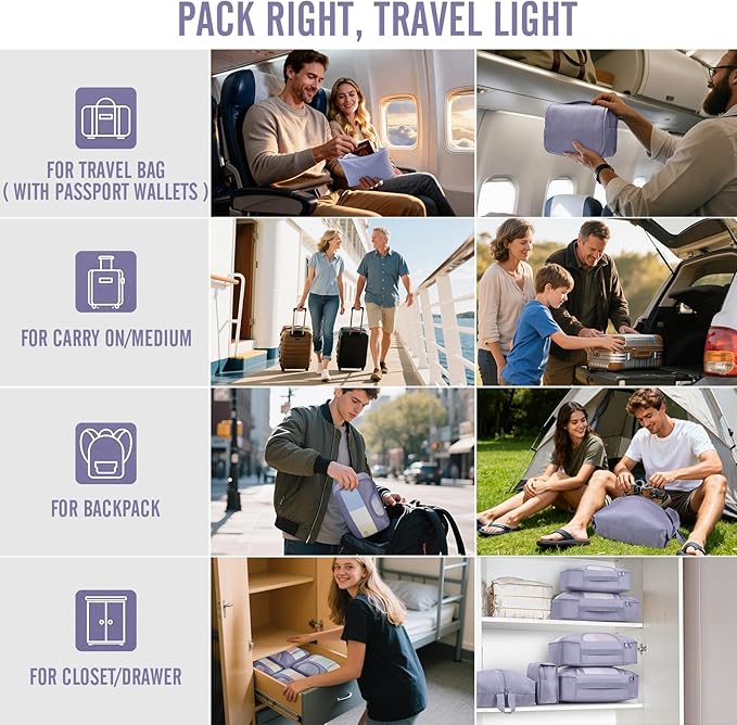 Veken 8 Set Packing Cubes for Travel Essentials,Anti-Wrinkle Buckled Suitcase Organizer for Shoe & Toiletry Bag,Carry On Luggage Bag for Airplane & College Dorm Room Accessories,Women Men Gifts
