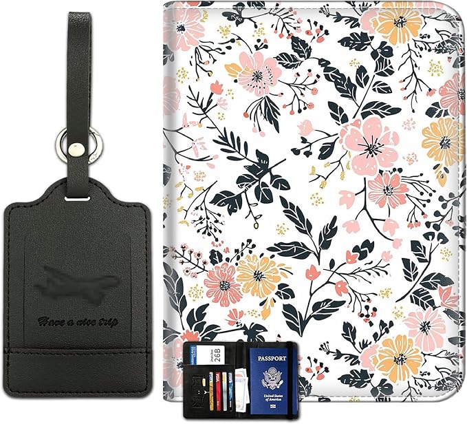 Passport Wallet, Passport Holder with RFID Blocking and Luggage Tag, Waterproof PU Leather Travel Documents Organizer Case, Passport Covers with Card Slot for Women & Men, Flower Pattern Passport Book