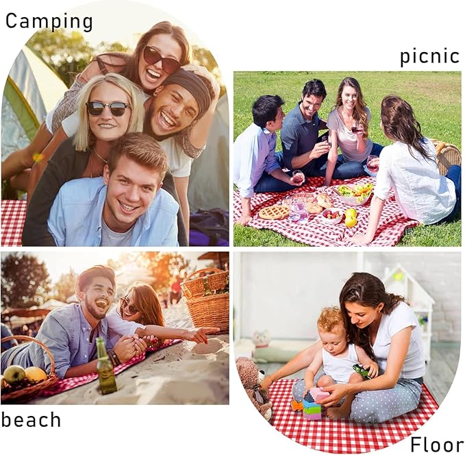 SAMSIER Outdoor Picnic Blankets Waterproof Foldable Sandproof, Extra Large Gingham Cute Picnic Mat Washable Portable for Park Beach Camping Courtyard (Red, 80"×80")