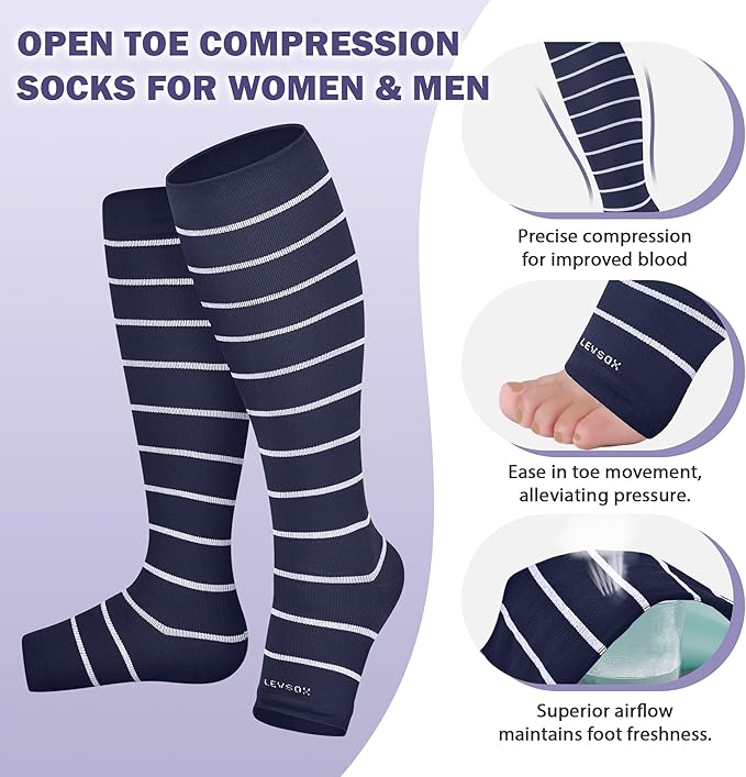 LEVSOX Open Toe Compression Socks for Women & Men 20-30mmHg Toeless Sock Knee High Support Stockings for Circulation Nurses Pregnant Travel