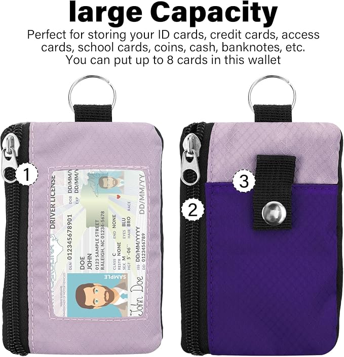 Minimalist RFID Wallet with Lanyard, Multi-functional ID Case with 2 Zipper Pockets and Key Chain for Men and Women, Tactical Badge Pouch Cards Holder, Coin Purse for Travel Sports - Purple&Pink