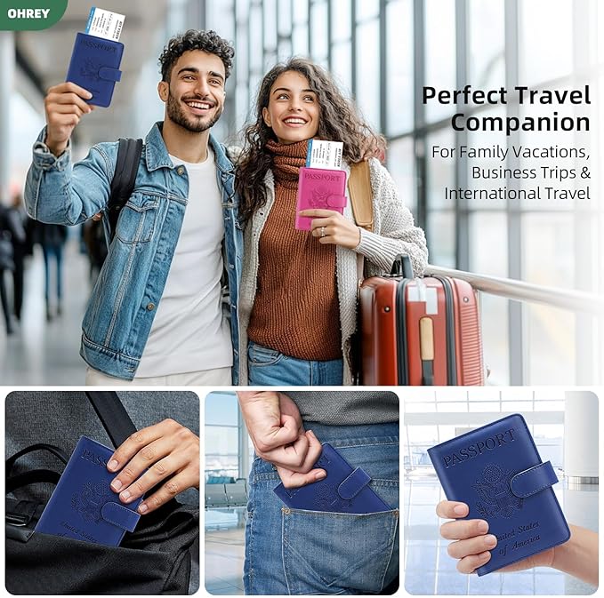 Passport Holder for Travel with Luggage Tag Cover – RFID Blocking Passport Wallet for Women & Men | PU Leather Passport Cover/Passport Case with Extra Money Pocket & Magnetic Clasp – Blue