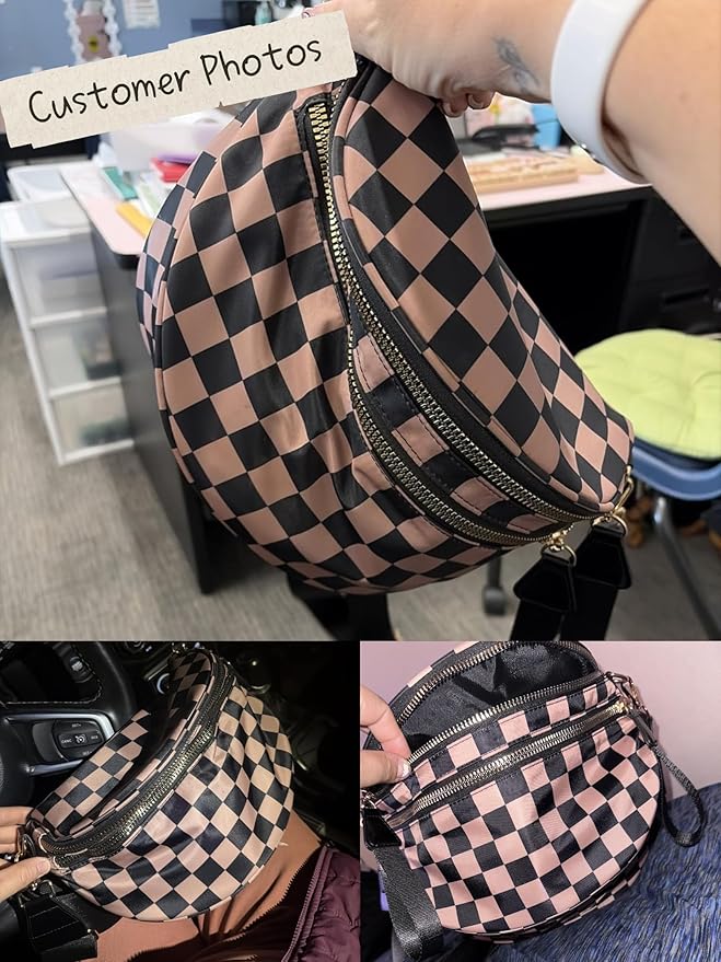 Spacious Nylon Checkered Crossbody Bum Bag for Women, Fashion Checkerboard Fanny Pack Purse with Anti-theft Pocket, Adjustable Wider Strap Wasit Bag (Black-Brown)