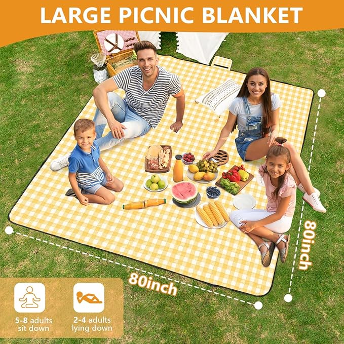 OBTANIM Extra Large Picnic Blanket 80 x 80 Inch Waterproof Foldable Beach Blankets Outdoor Picnic Mat for Camping Grass Lawn Park Music Festival Party Accessories (Yellow and White)