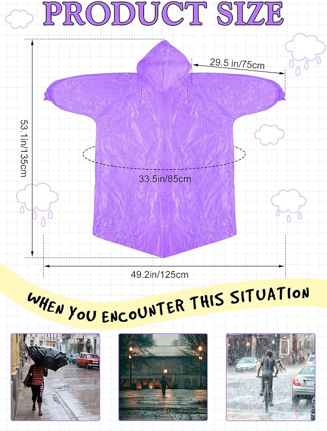 40 Pack Disposable Rain Ponchos for Adults Disposable Ponchos Pack with Drawstring Hood Elastic Sleeves Raincoat for Camping