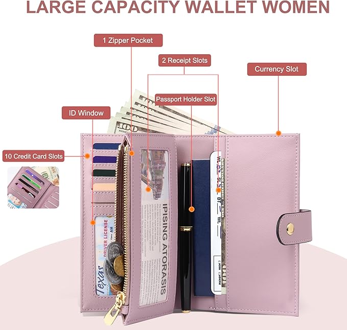 yiijay Womens Wallet RFID Blocking Leather Trifold Clutch Wallet Credit Card Holder Ladies Travel Wallet Purse with Pen Holder