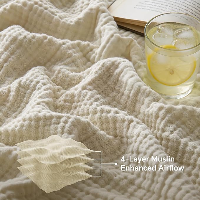 BEDELITE 100% Cotton Muslin Blankets for Adults - 4-Layer Queen Size Breathable and Lightweight Gauze Blanket for Couch, Bed, Travel and Summer, Soft & Cozy Gift for Women, Beige, 90"x90"
