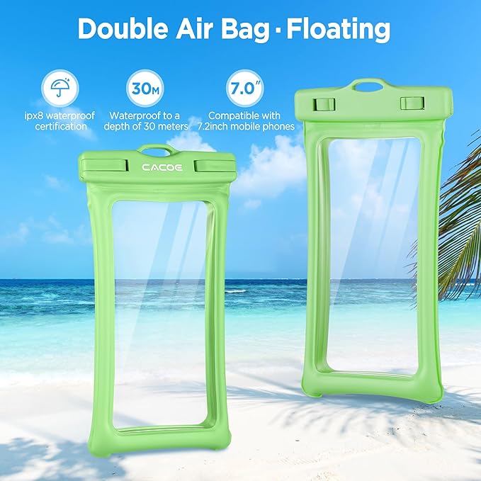 CACOE [Floatable] Floating Universal Waterproof Phone Case 2 Pcs-Up to 7.0",Phone Pouch with Adjustable Neck Lanyard,IPX8 Cellphone Dry Bags for Beach Pool Swimming（Black+Dark Green）