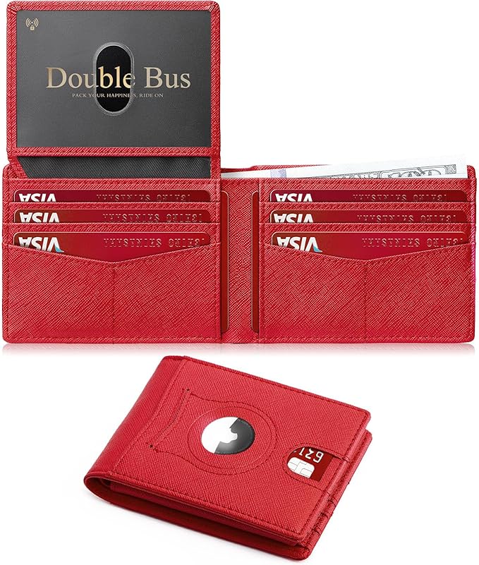 Wallet for Men Slim RFID Blocking Bifold Carbon Fiber,Minimalist Small Compact Front Pocket Credit Card Holder,Thin Mens Leather Wallets Smart Security With 2 ID windows 1 Cash (Cross Red)