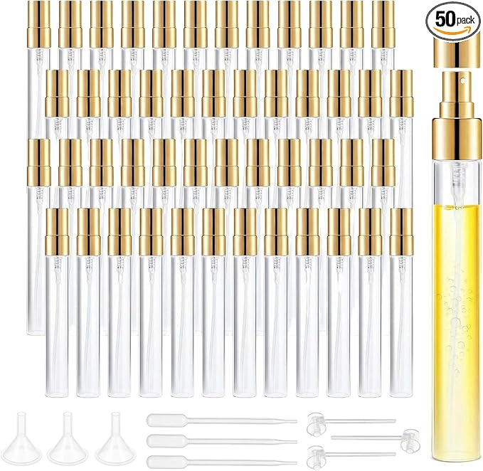 50Pcs 10ml Mini Spray Bottles, Empty Clear Glass Mist Spray Bottle Refillable Mini Perfume Atomizer Travel Sample Bottle Lids Fine Mist Perfume Atomizer Makeup Container