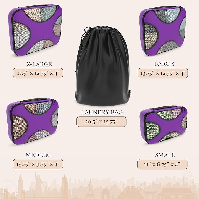 Shacke 5 Set Packing Cubes for Travel – Luggage Organizer & Suitcase Bags with Laundry Bag, Carry On Packing Organizer, Travel Accessories for Women Men (Orchid Purple)