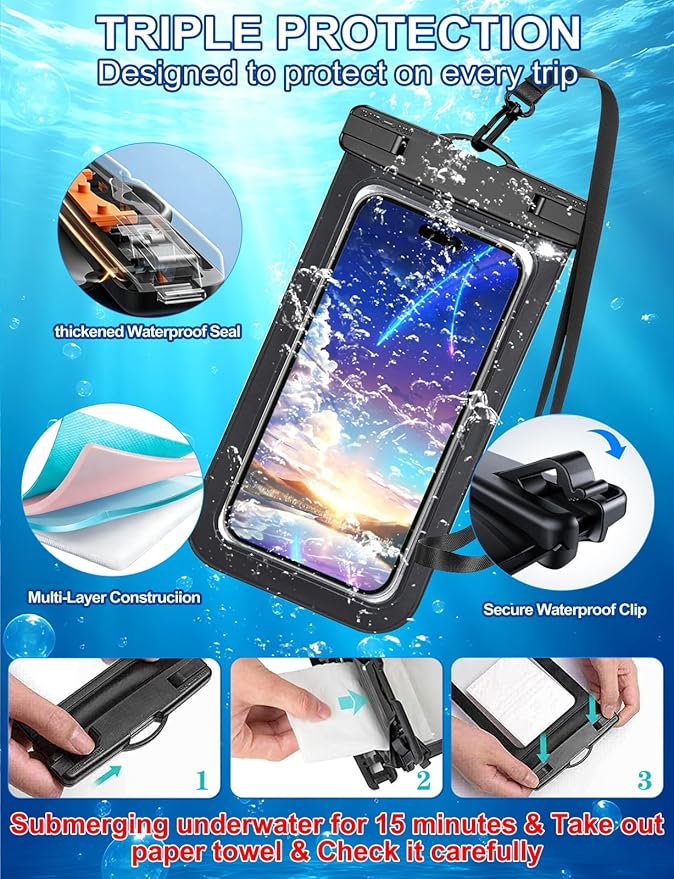Famoby 3 Pack Black Waterproof Phone Pouch, Phone Waterproof Case,Cell Phone Dry Bag,Protection Level: IP68,Beach Cruise for iPhone,Samsung,and More,Lanyard Included,(Fits Up to 8.3"),Black