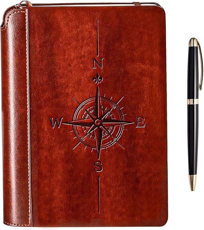 SETTINI® Lined Journal - Compass Journal for Writing Gift Set - Hardcover Vegan Leather, Includes Luxury Pen in a Unique Pen Holder, 192 Pages, A5, Fathers Day Gift, Journal for Men & Women