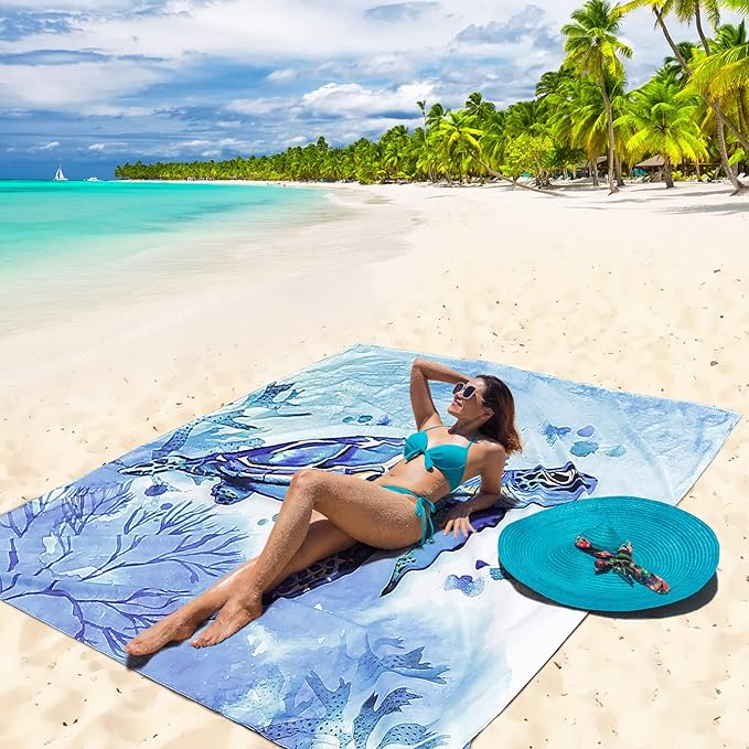 HIHOHO Beach Blanket Waterproof Sandproof Beach Mat for 1-8 Adults Quick Drying Durable Outdoor Picnic Mat for Beach Festival Travel Camping Hiking (BL-Seaturtle, 120"×108"(8 Person))
