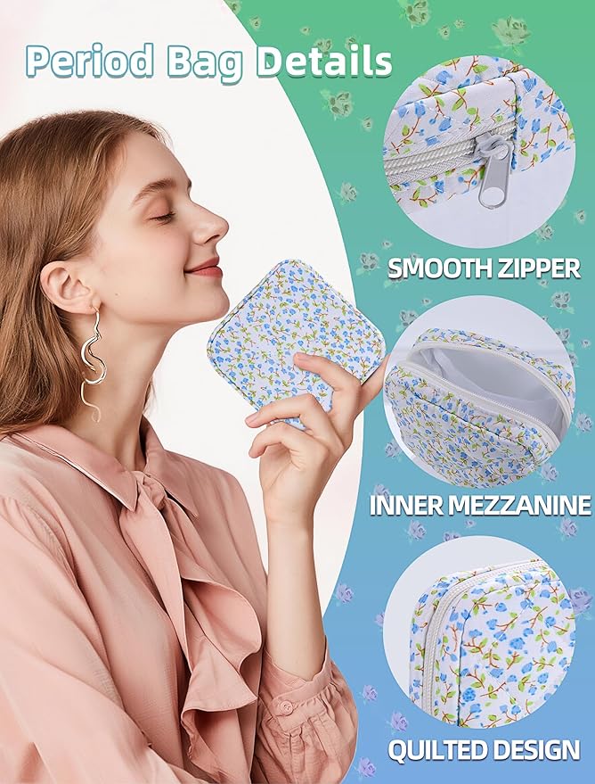 Period Bag for Girls, Quilted Period Pouch for Women, Floral Sanitary Napkin Storage Bag Menstrual Pad Pouches Tampon Holder for Purse Pad Bag Gifts for Teen Girls(Blue)